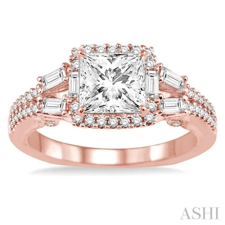 1 1/6 Ctw Diamond Engagement Ring with 5/8 Ct Princess Cut Center Stone in 14K Rose Gold