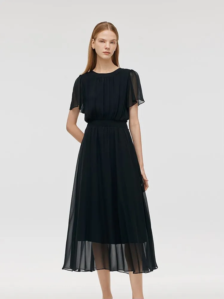 10 Momme Mulberry Silk Bow Tie Neck Ruffle Women Midi Dress