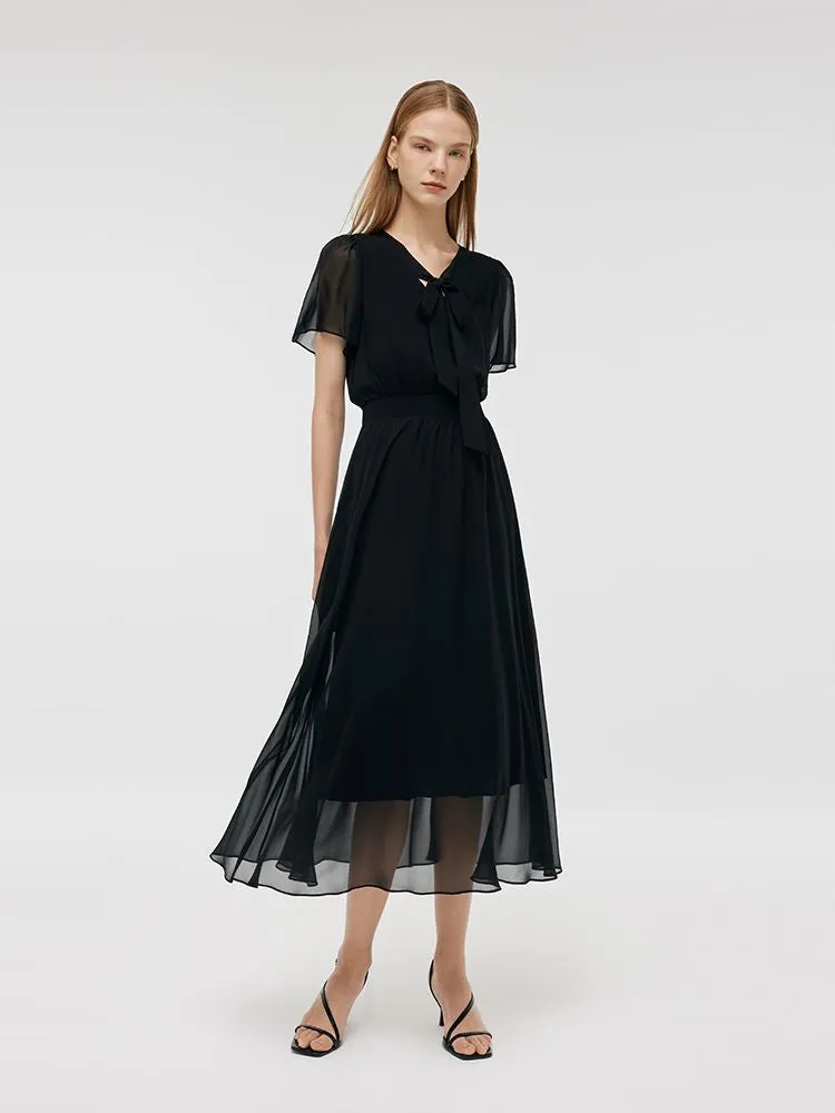 10 Momme Mulberry Silk Bow Tie Neck Ruffle Women Midi Dress