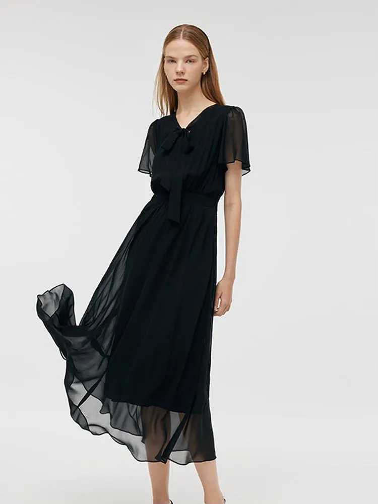 10 Momme Mulberry Silk Bow Tie Neck Ruffle Women Midi Dress