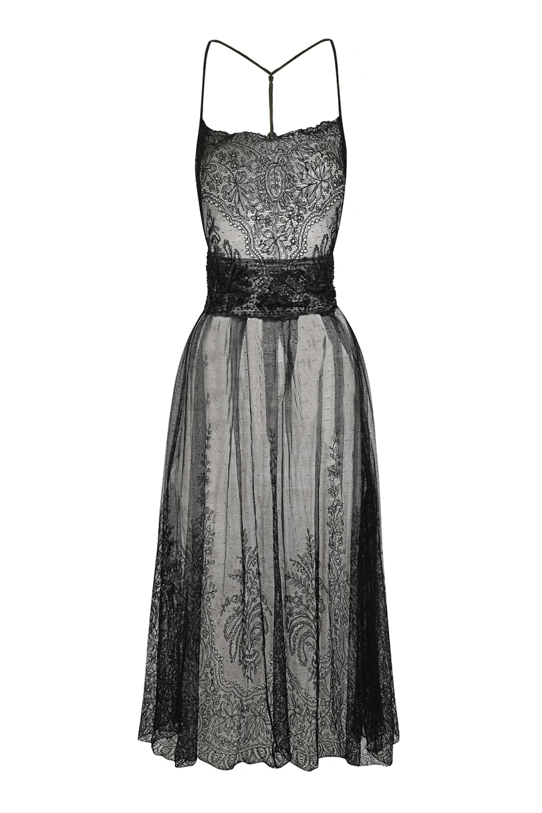 1940s Black Lace Beaded Midi Dress