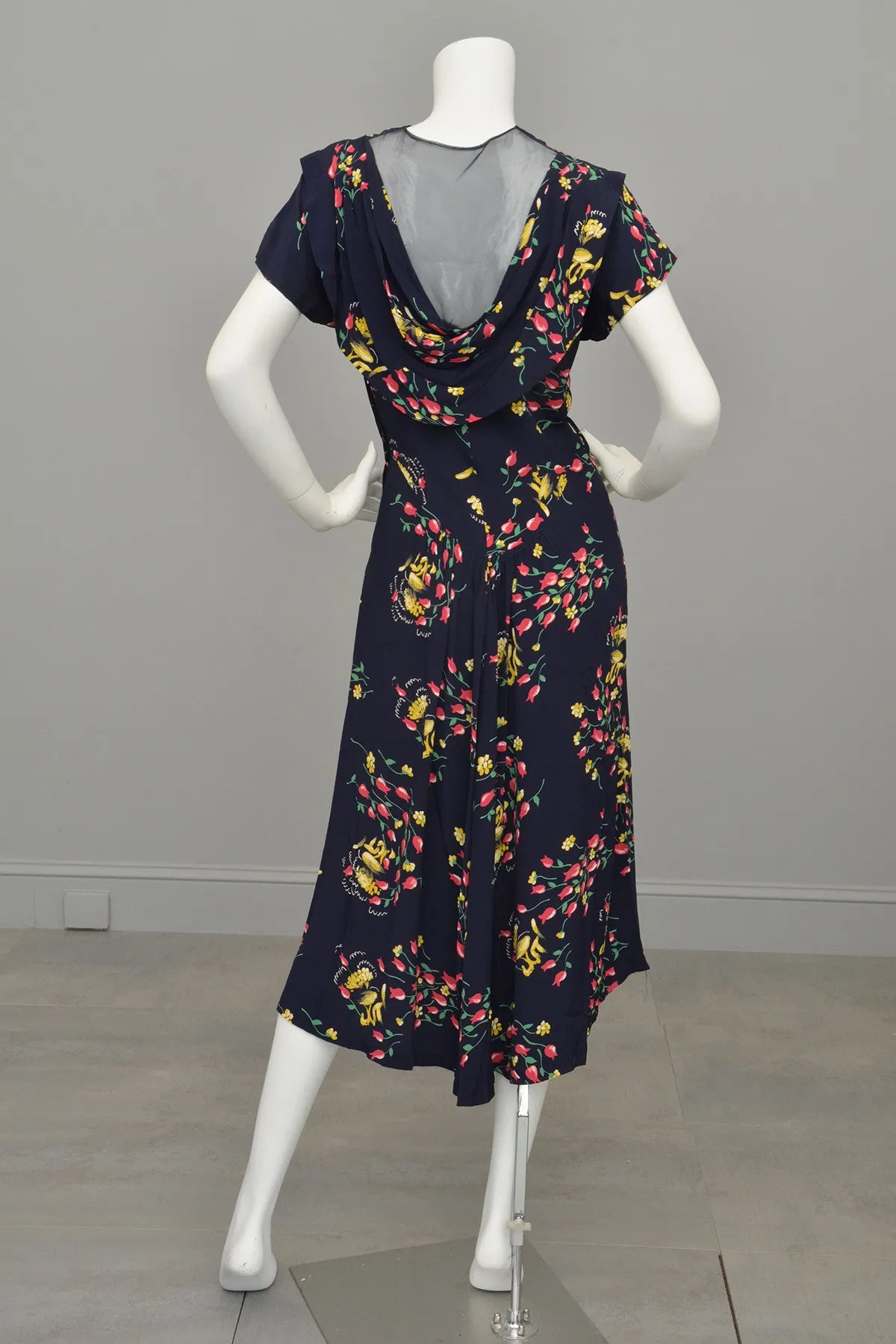 1940s Floral Print Sheer Back Draped Novelty Print Dress