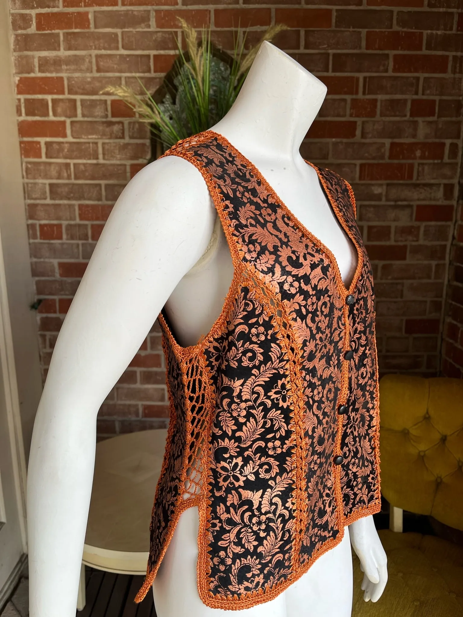 1970s Copper Bronze Hand-painted Crochet Suede Vest