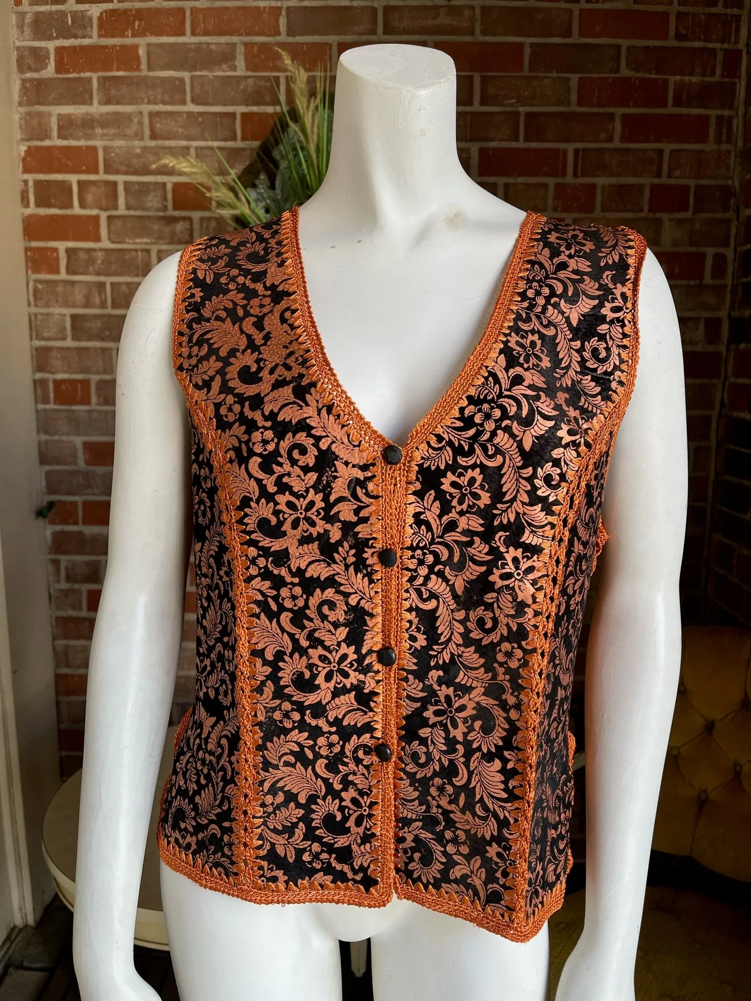 1970s Copper Bronze Hand-painted Crochet Suede Vest