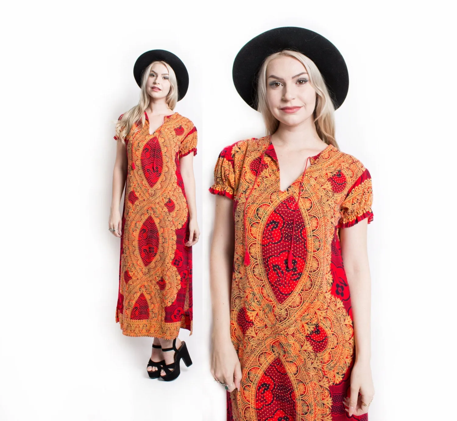 1970s Dress Ethnic Cotton Red Ethnic Boho S