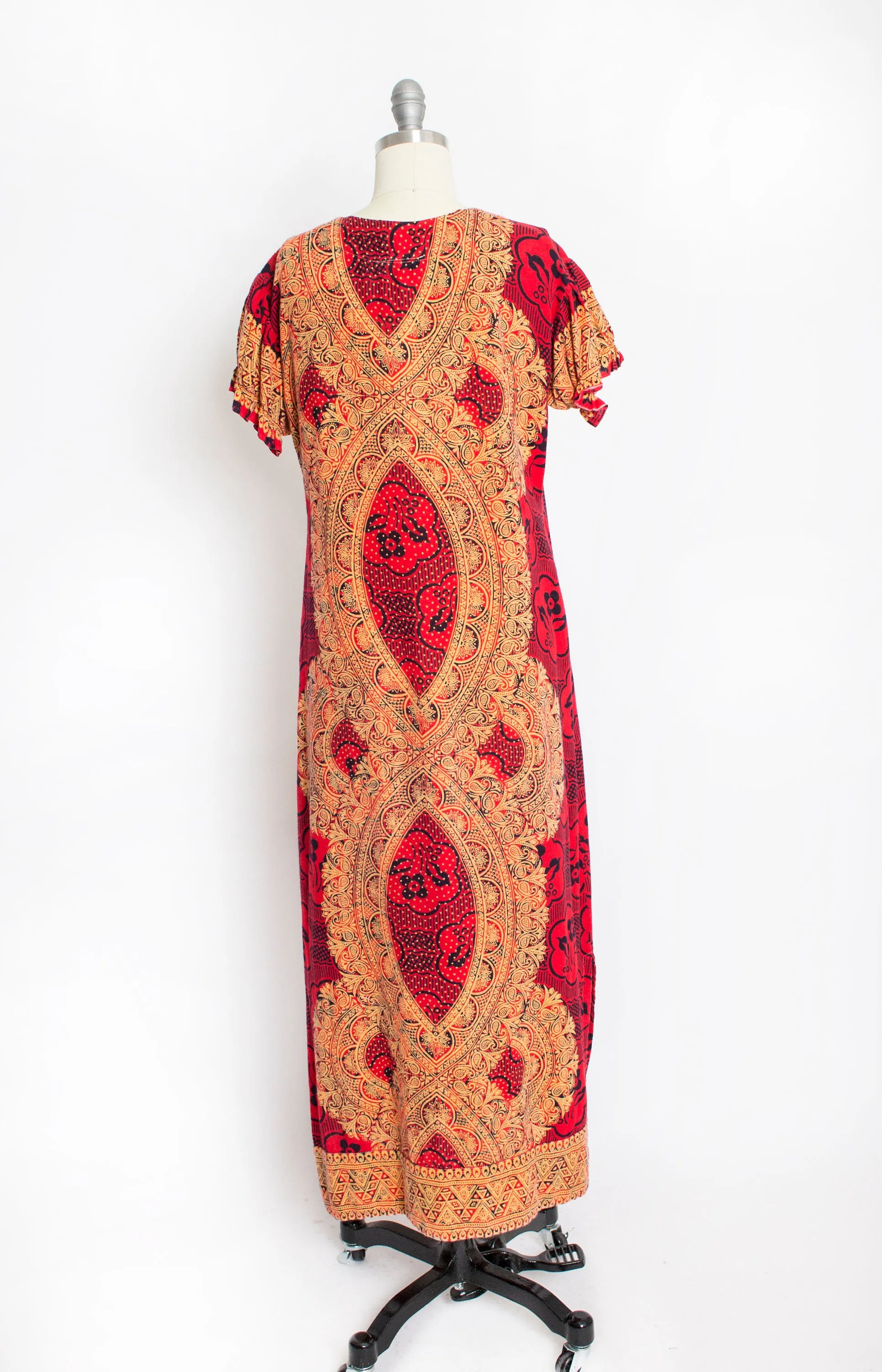 1970s Dress Ethnic Cotton Red Ethnic Boho S