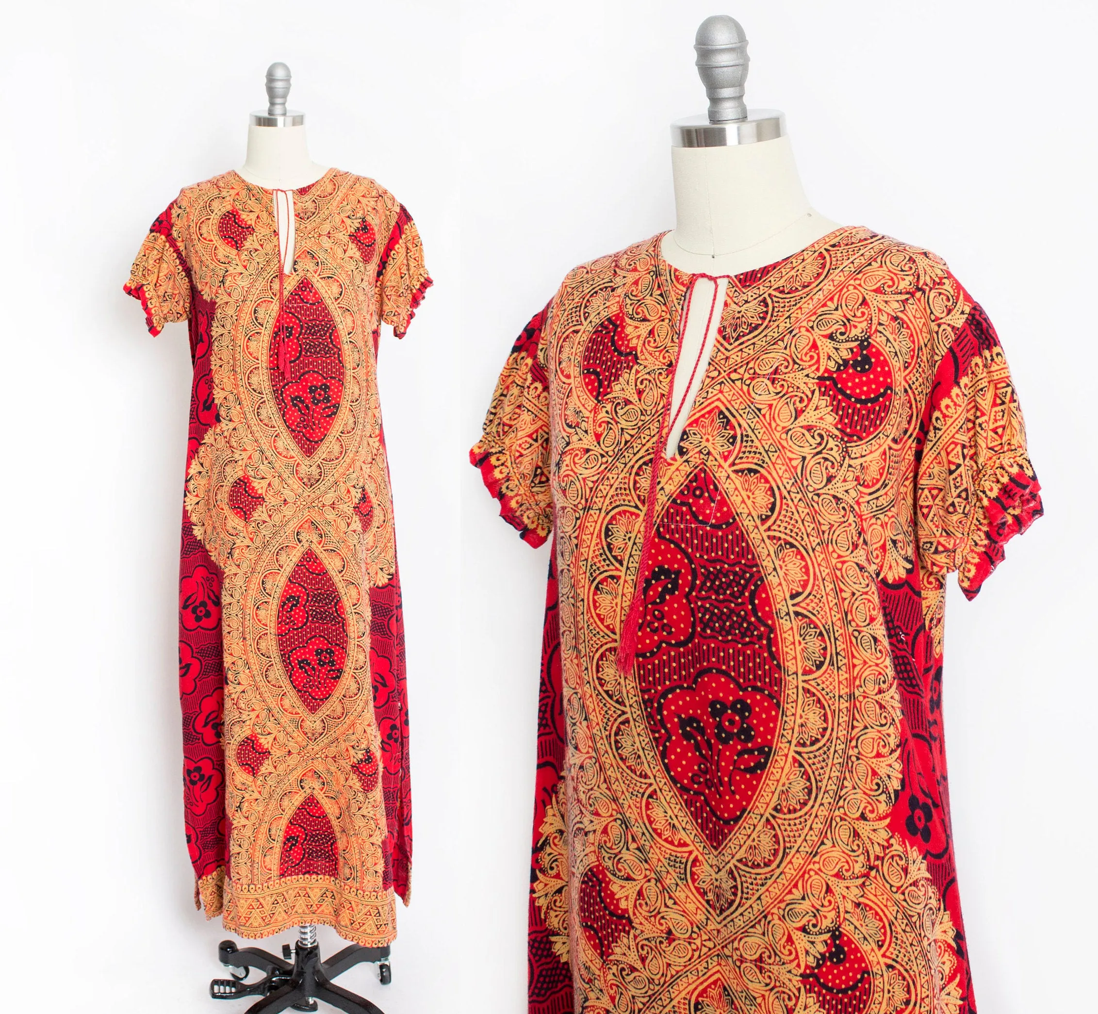 1970s Dress Ethnic Cotton Red Ethnic Boho S