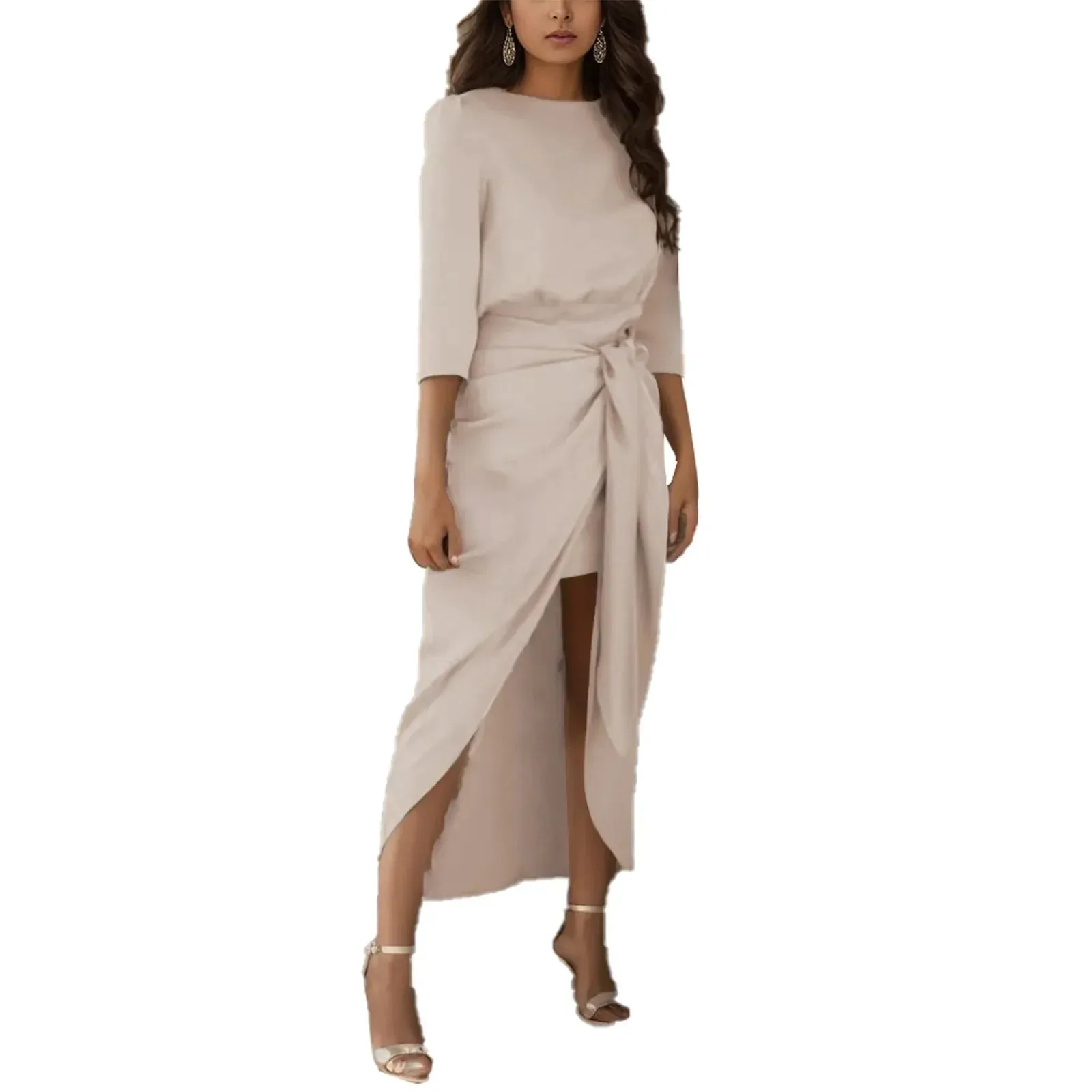 2024 Satin Elegance Long Sleeve Tie Waist Side Slit Midi Dress