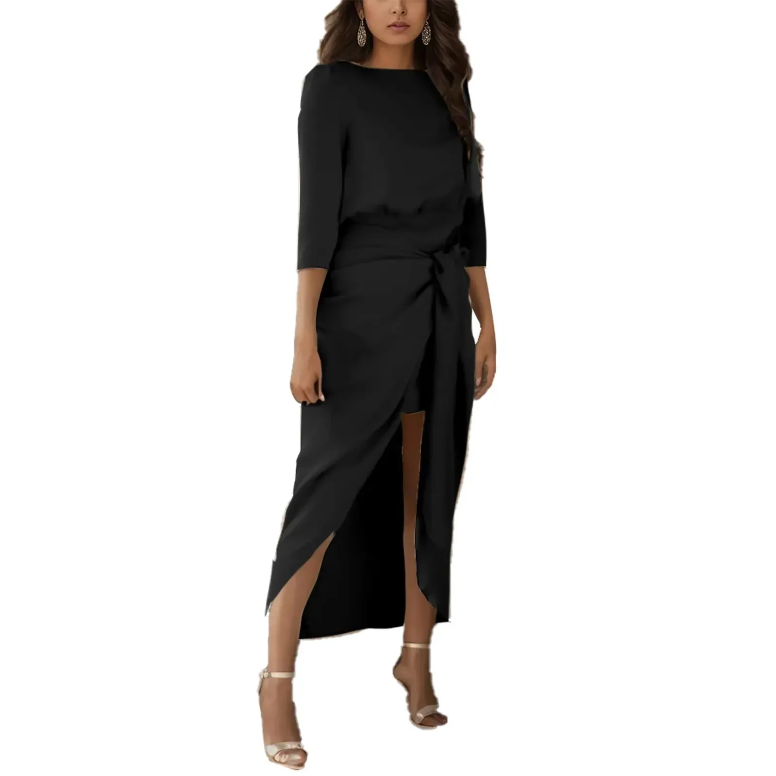 2024 Satin Elegance Long Sleeve Tie Waist Side Slit Midi Dress