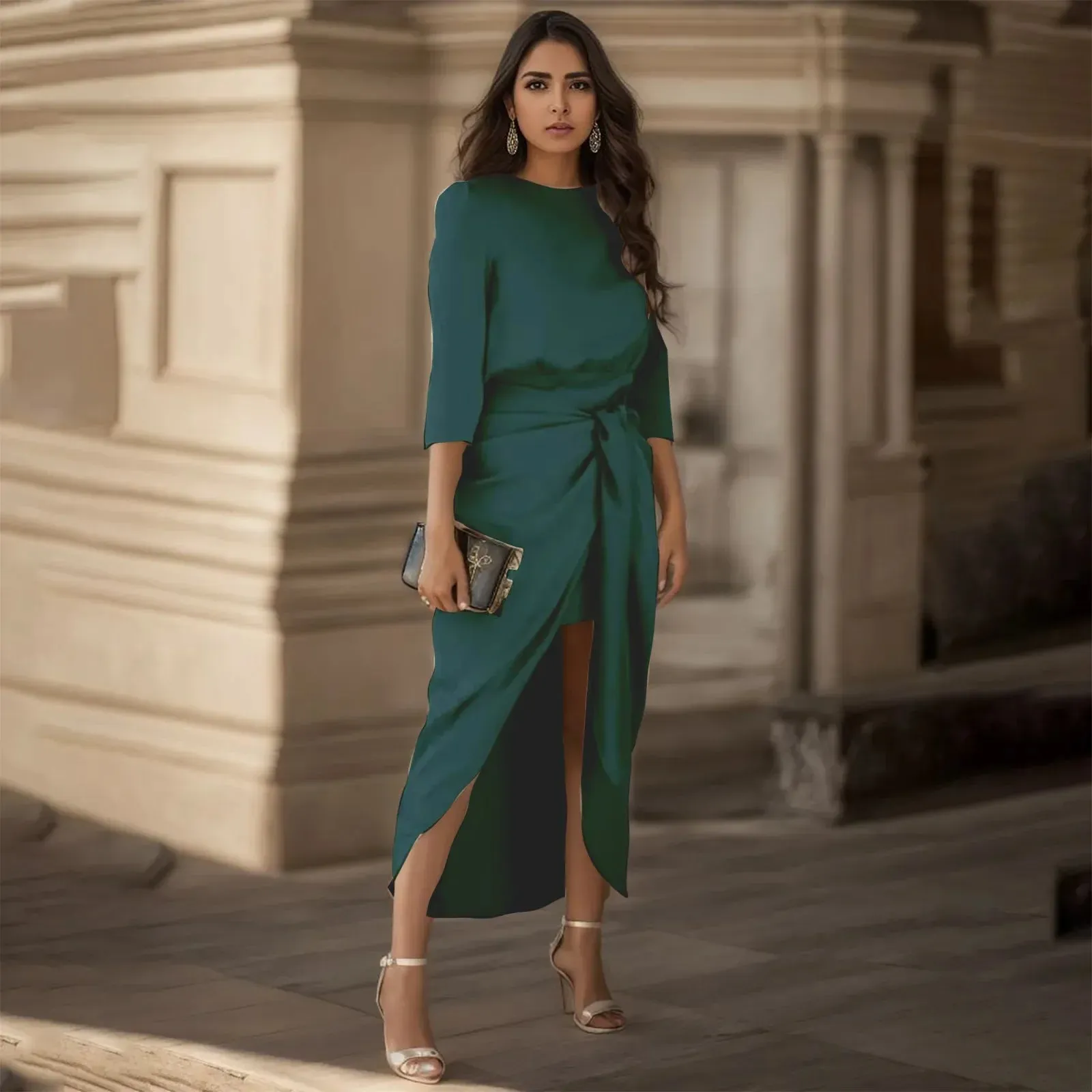 2024 Satin Elegance Long Sleeve Tie Waist Side Slit Midi Dress