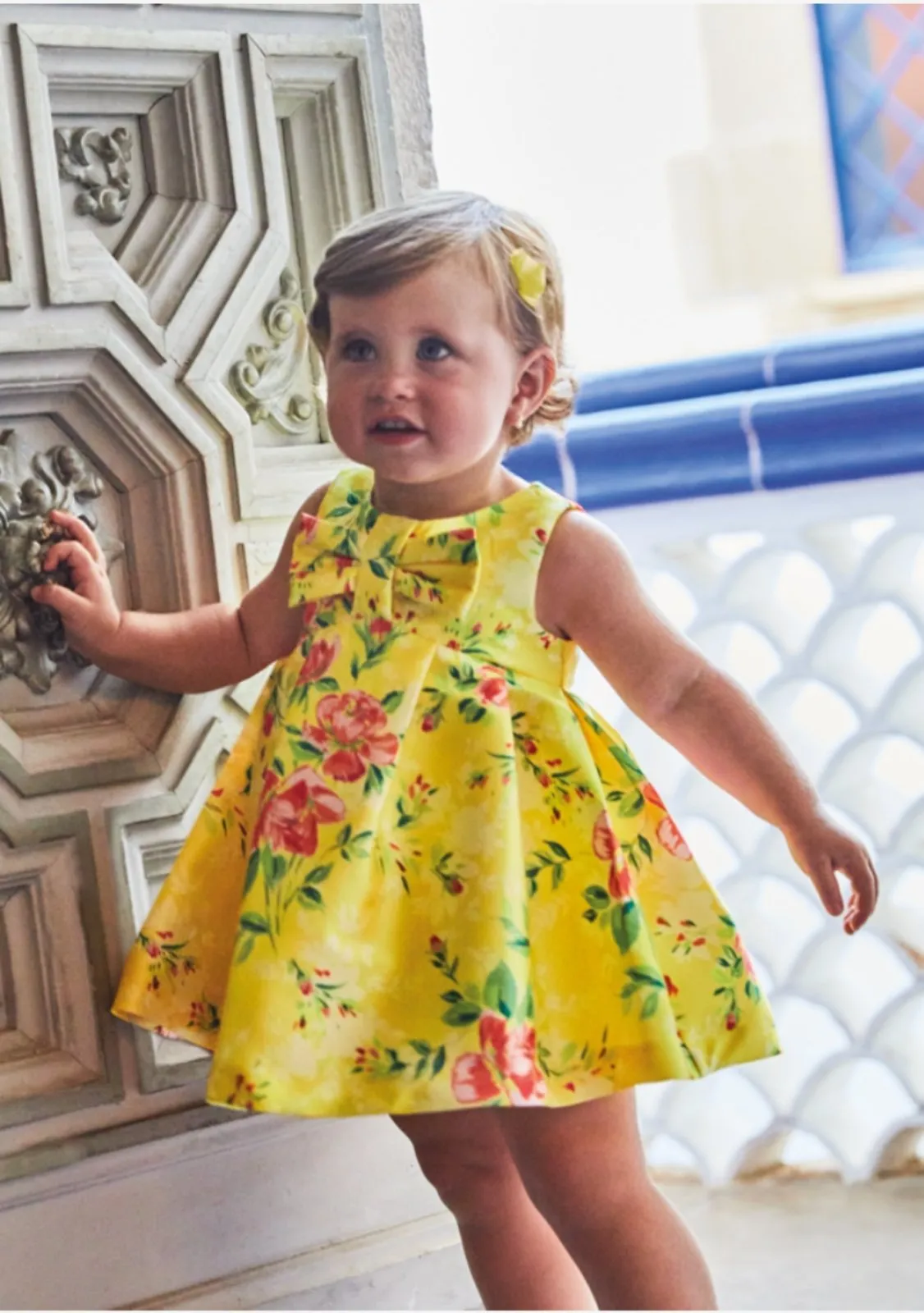 Abel & Lula Baby & Toddler Girls Yellow Floral Bow Mikado Dress