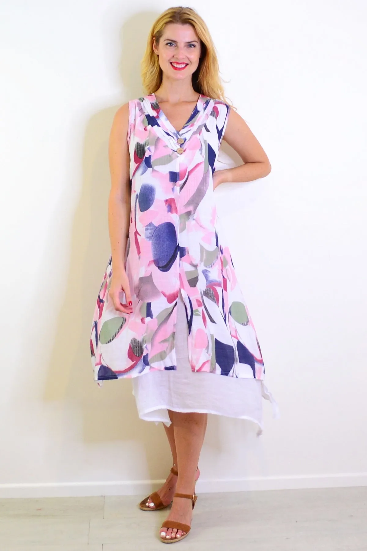 Abstract Pink Tones Sleeveless Tunic Dress