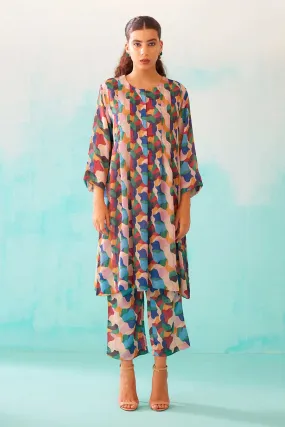 Abstract Print Pleated Tunic & Pant Co-Ord Set