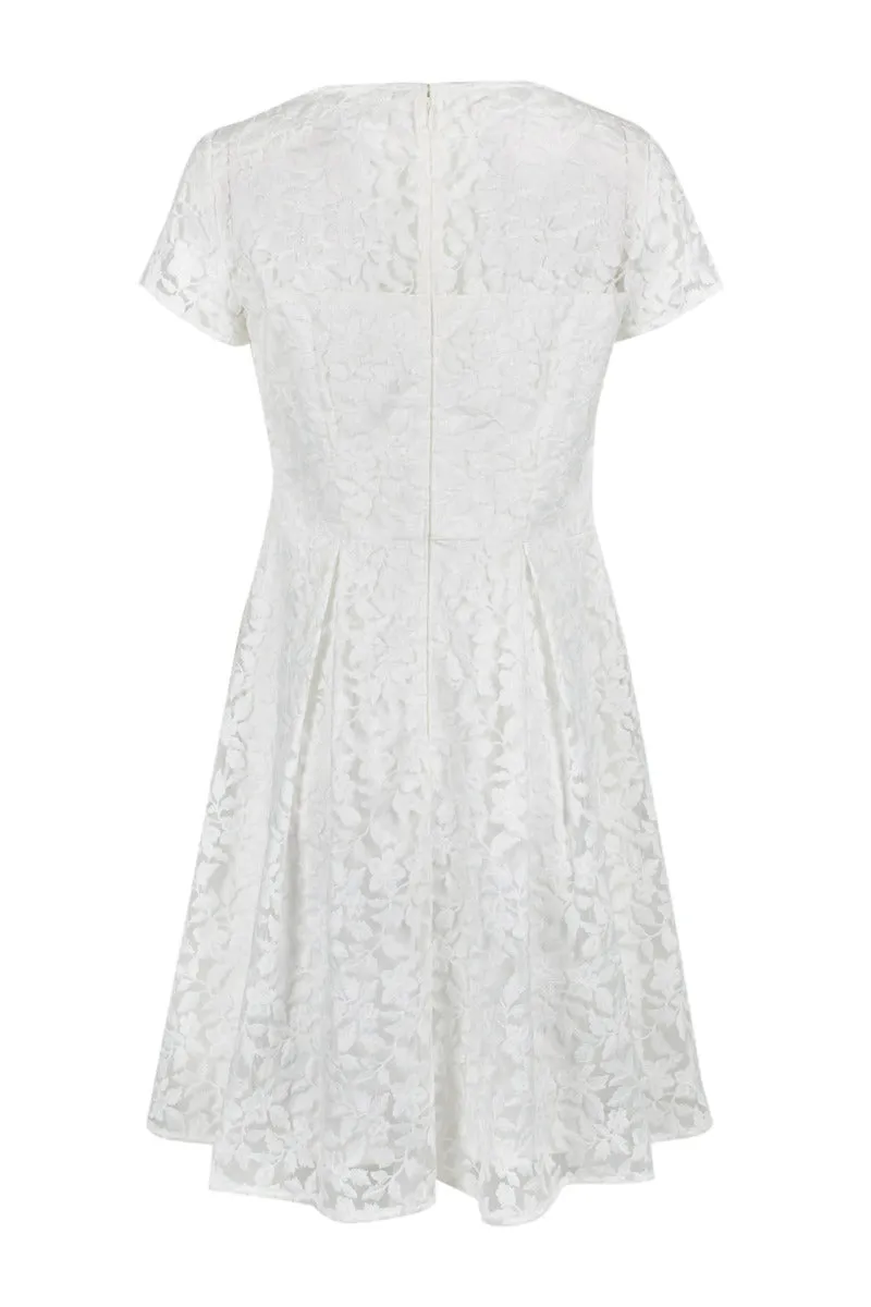 Adrianna Papell Boat Neck Short Sleeve Fit & Flare Box Pleat Zipper Back Embroidered Dress