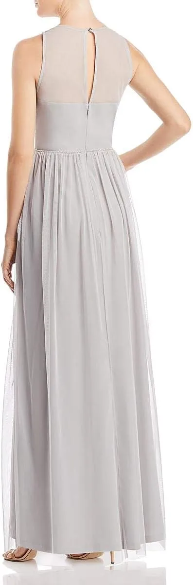 Adrianna Papell Crew Neck Sleeveless Illusion Ruched Keyhole Back Embroidered Mesh Gown