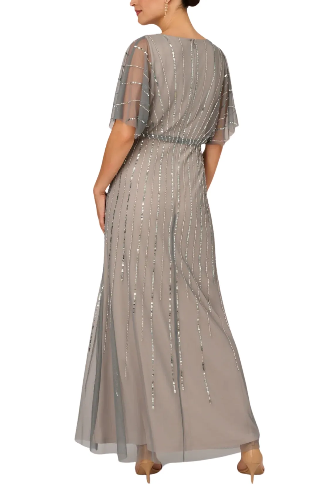 Adrianna Papell Flutter Sleeve V-Neck Surplice Blouson Beaded Gowns