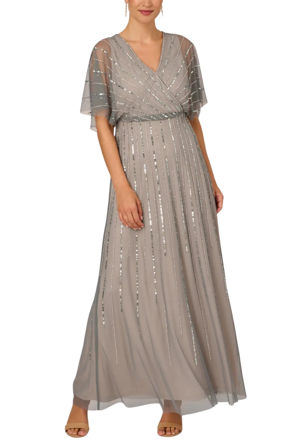 Adrianna Papell Flutter Sleeve V-Neck Surplice Blouson Beaded Gowns