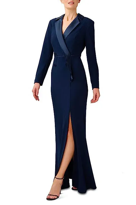 Adrianna Papell Notched Collar Long Sleeve Slit Front Zipper Back Stretch Crepe Dress - Wholesale