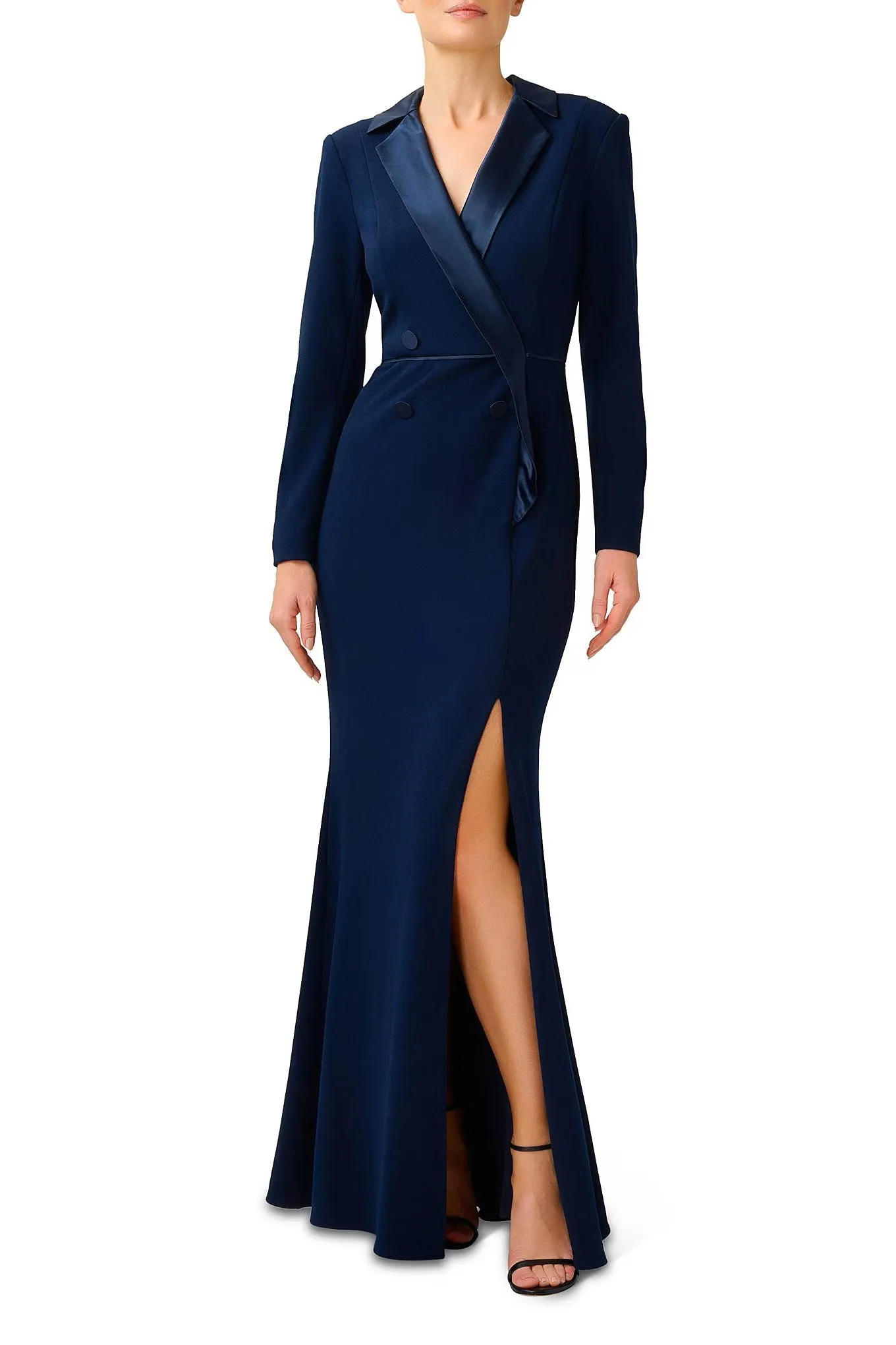 Adrianna Papell Notched Collar Long Sleeve Slit Front Zipper Back Stretch Crepe Dress - Wholesale