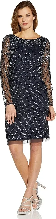 Adrianna Papell Scoop Neck Illusion Long Sleeve Sequined Beaded Zipper Back Shift Mesh Dress