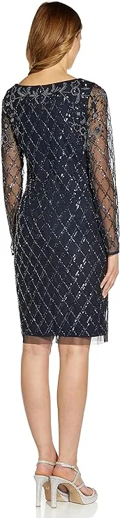 Adrianna Papell Scoop Neck Illusion Long Sleeve Sequined Beaded Zipper Back Shift Mesh Dress