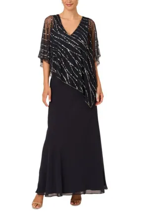 Adrianna Papell Sleeveless V-Neck Beaded Popover Midi Chiffon Dress