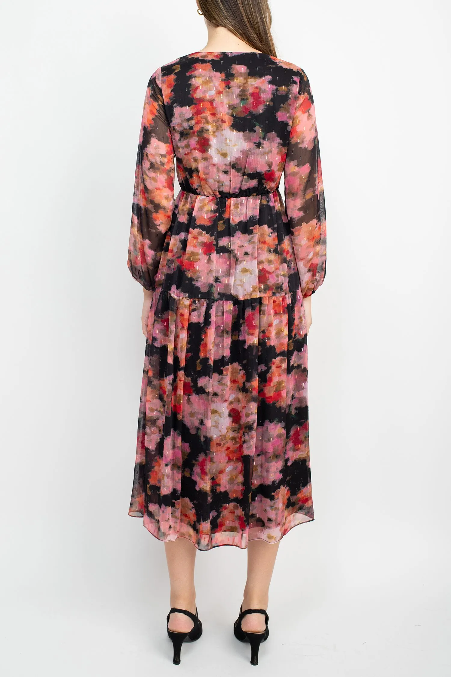 Adrianna Papell V-Neck Long Sleeve Floral Print Empire Waist Tiered Chiffon Dress