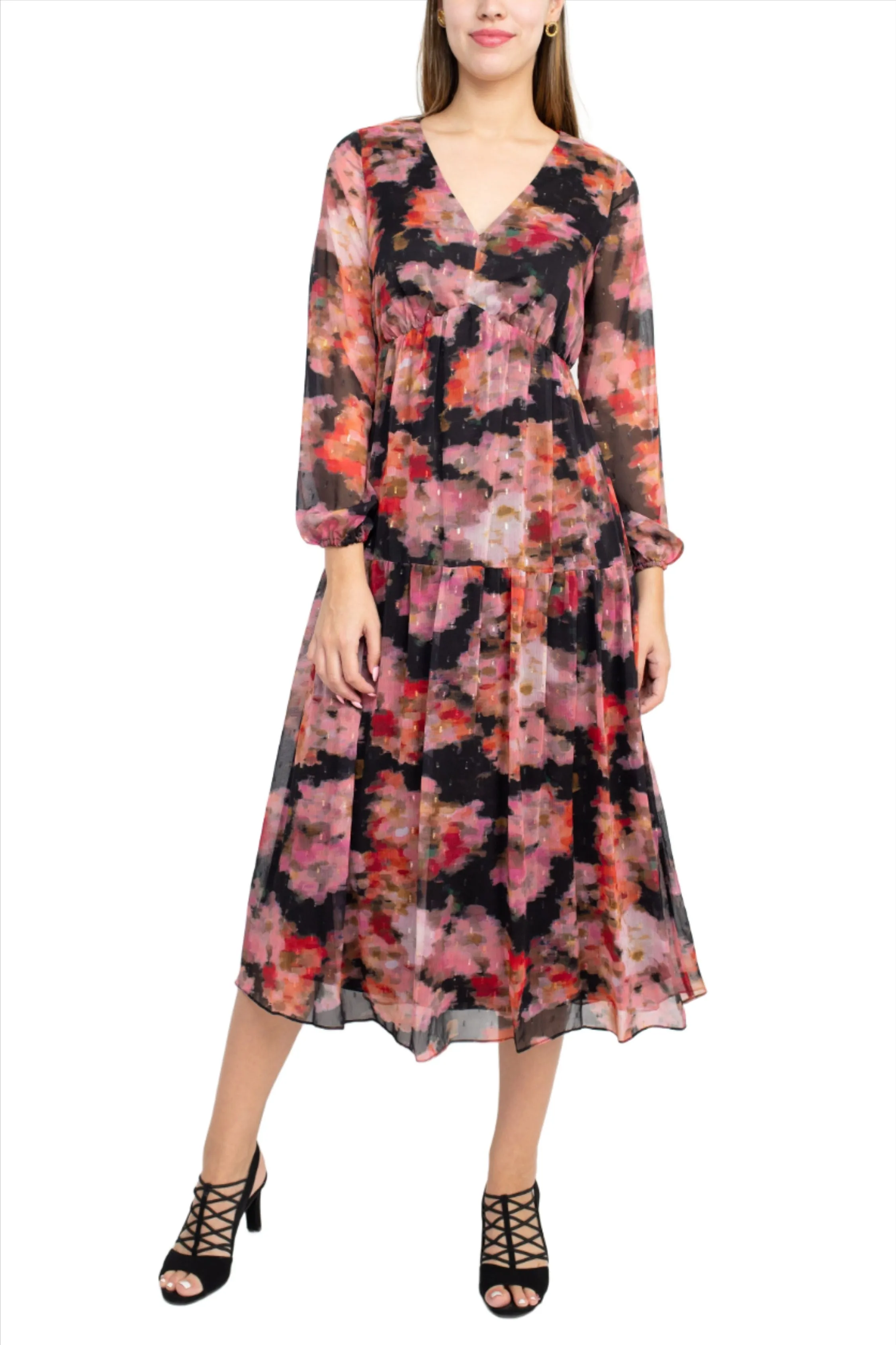 Adrianna Papell V-Neck Long Sleeve Floral Print Empire Waist Tiered Chiffon Dress