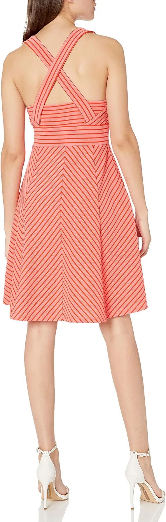 Adrianna Papell V-Neck Sleeveless Crossed Back Stripe Pattern Ottoman Dress