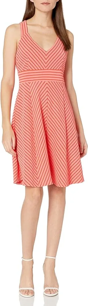 Adrianna Papell V-Neck Sleeveless Crossed Back Stripe Pattern Ottoman Dress