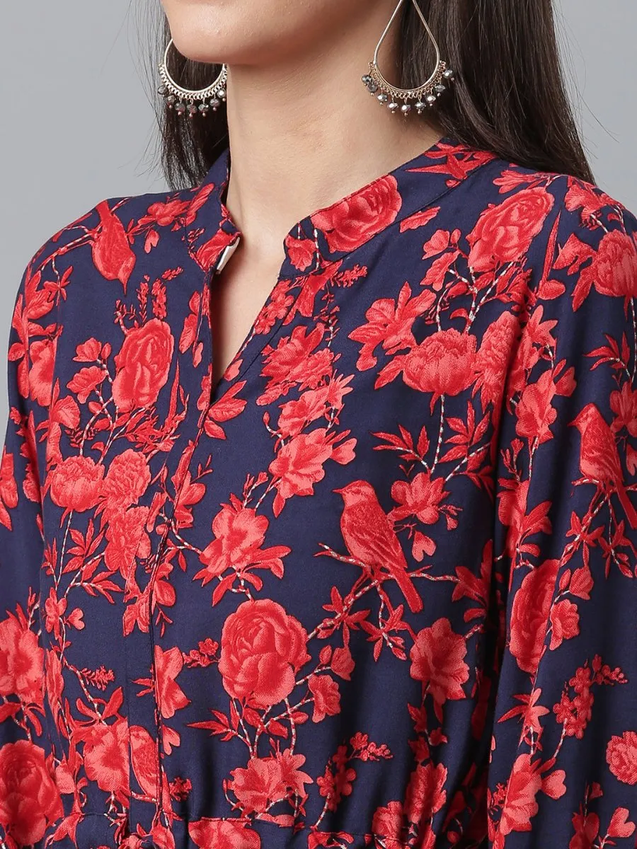 Ahalyaa Navy Blue & Red Mandarin Collar Printed Tunic