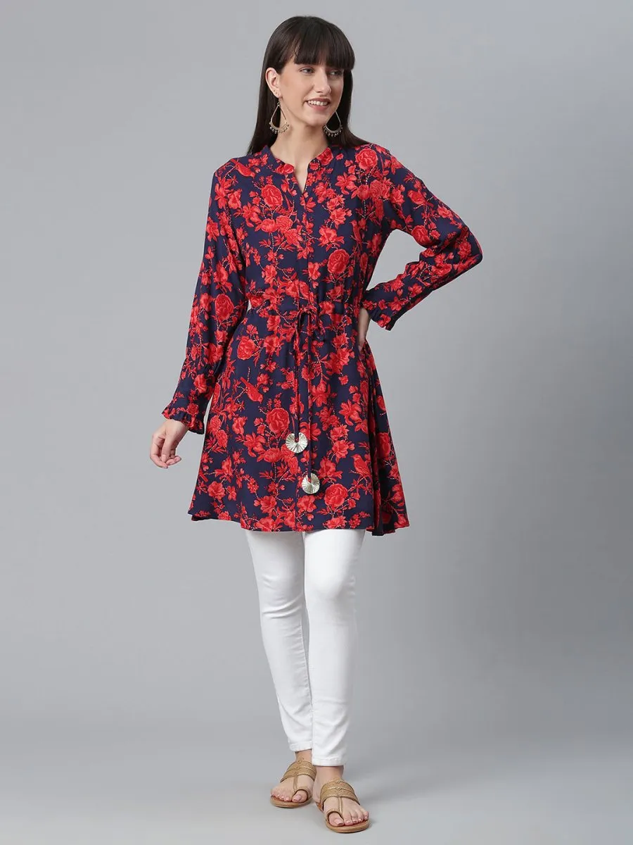 Ahalyaa Navy Blue & Red Mandarin Collar Printed Tunic