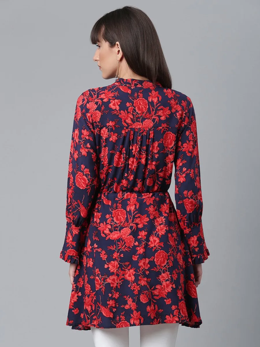 Ahalyaa Navy Blue & Red Mandarin Collar Printed Tunic