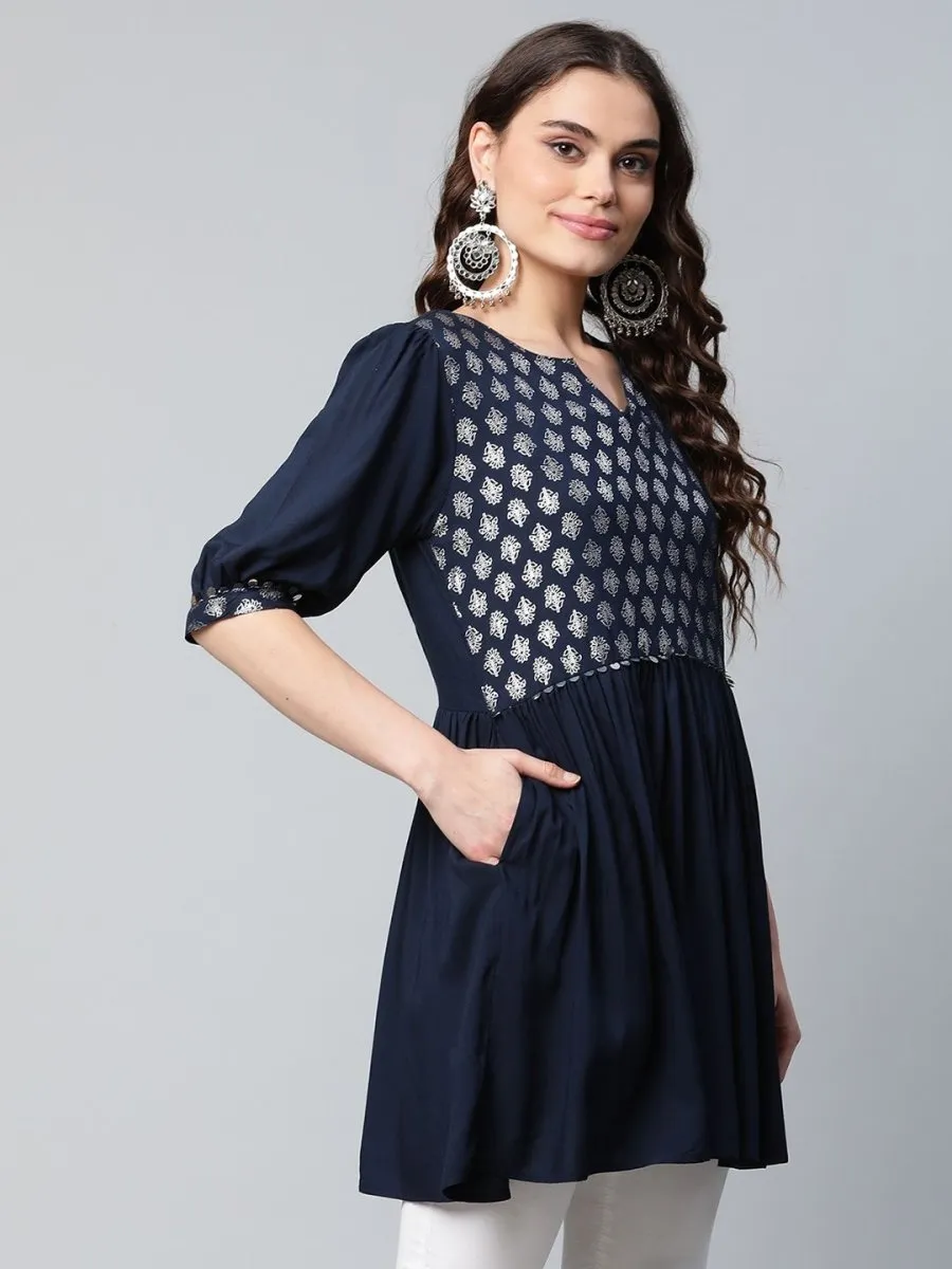 Ahalyaa Women Navy Blue Rayon Silver Foil Print Tunic