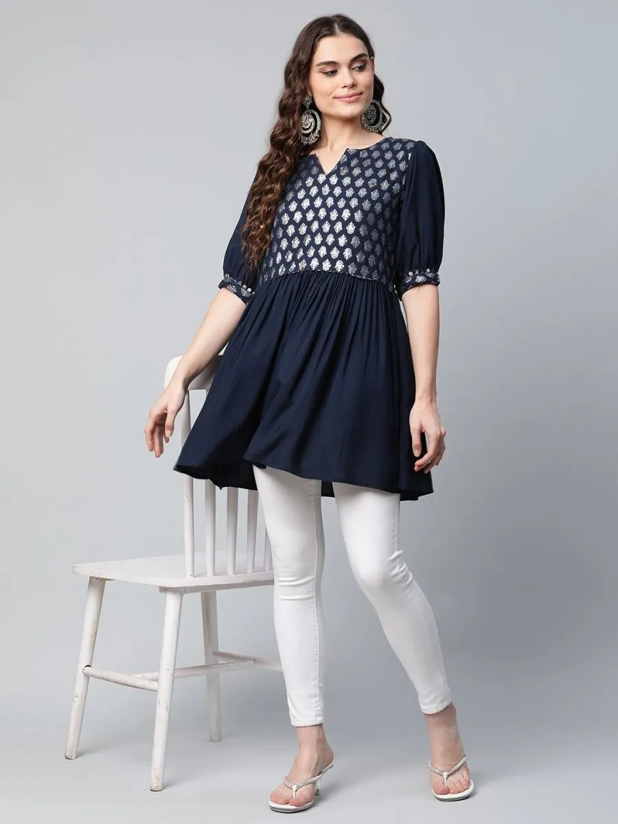 Ahalyaa Women Navy Blue Rayon Silver Foil Print Tunic