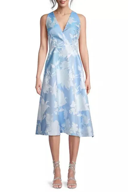 Aidan Mattox Sleeveless Floral Bodice Jaquard Dress in Cool Cloud