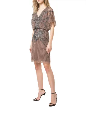 Aidan Mattox V-Neck Short Sleeve Blouson Illusion Embellished Zipper Back Mesh Dress