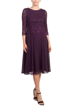 Alex Evenings Jewel Neck 3/4 Sleeve Embellished Lace Bodice Zipper Back Solid Tea-Length Lace & Chiffon Dress