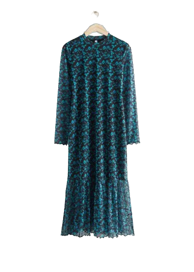 & Other Stories Black/Blue Printed Mesh Midi Dress BNWT UK L