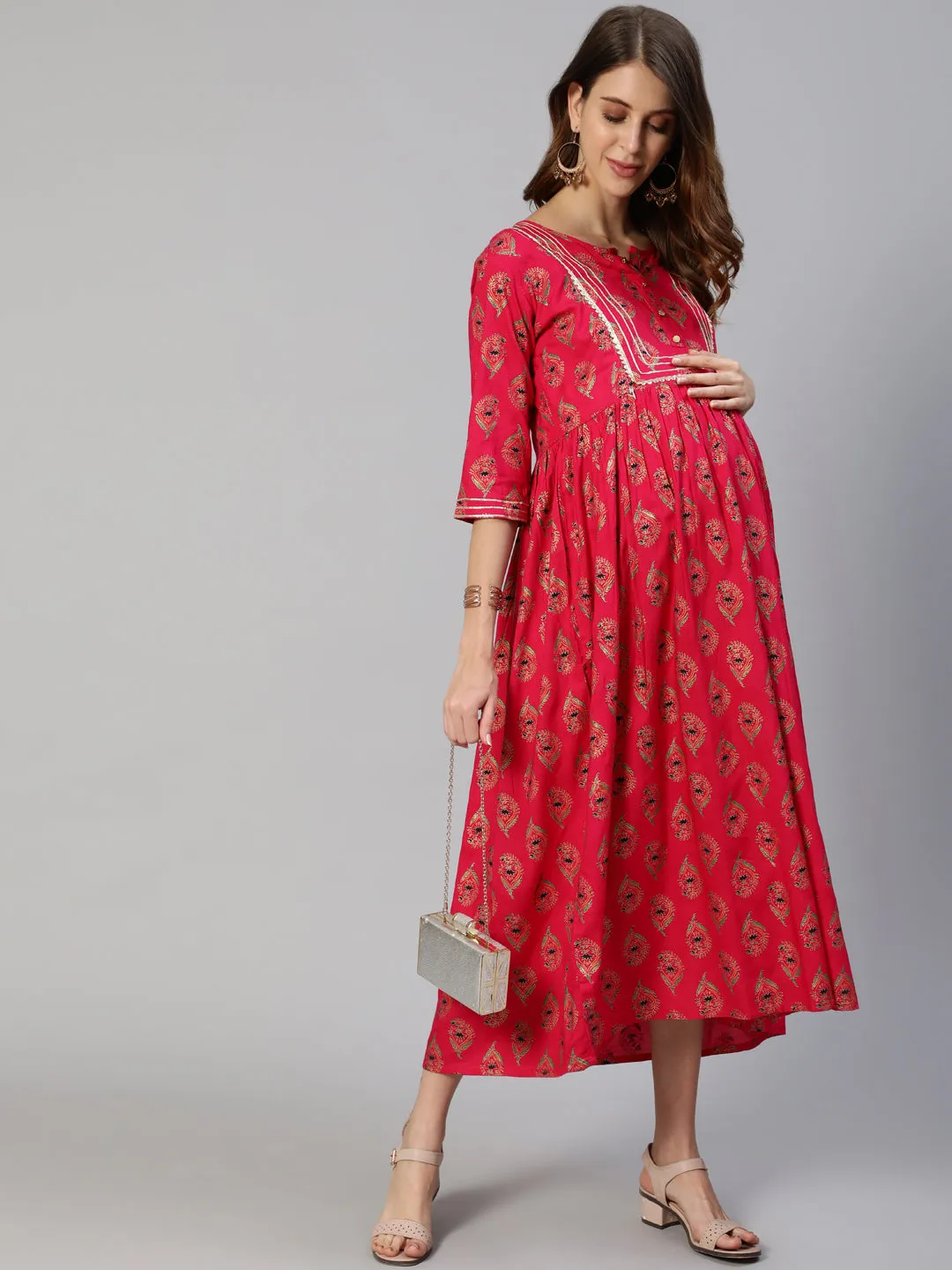 Anubhutee Fuchsia Pink Ethnic Motifs Maternity A-Line Midi Dress