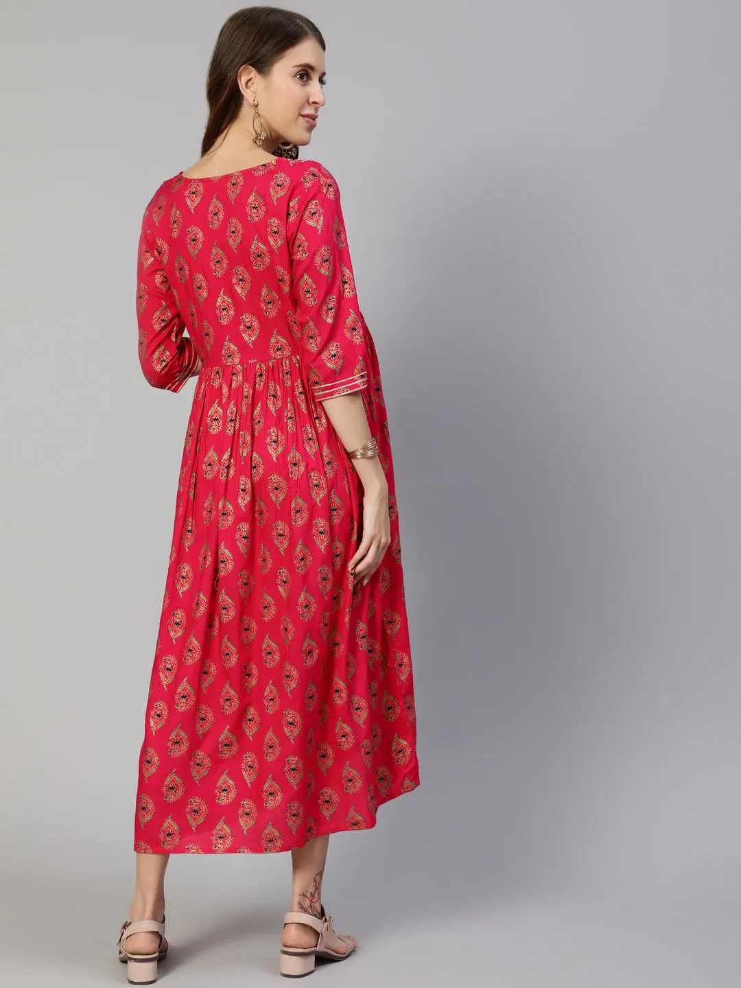 Anubhutee Fuchsia Pink Ethnic Motifs Maternity A-Line Midi Dress