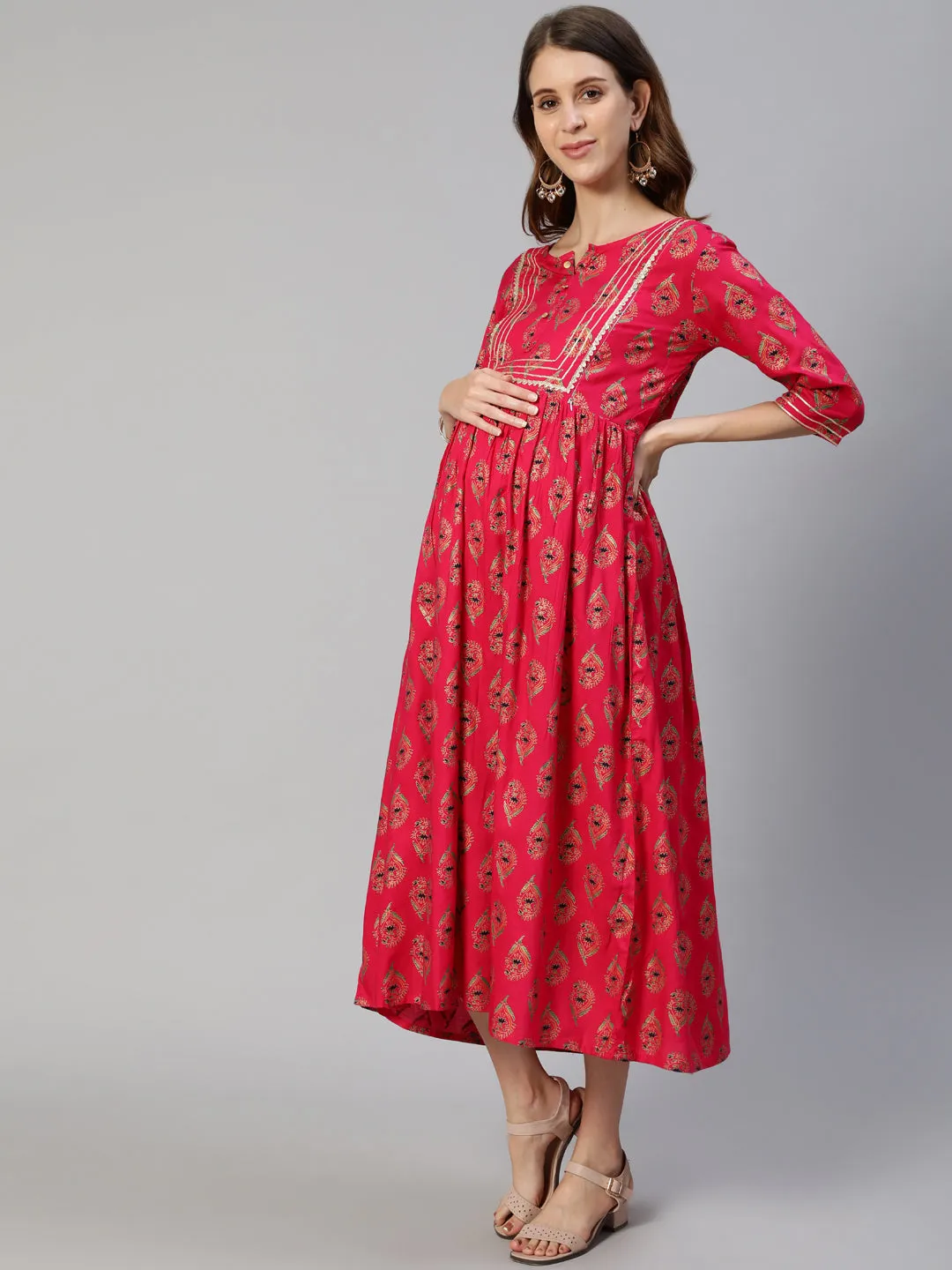 Anubhutee Fuchsia Pink Ethnic Motifs Maternity A-Line Midi Dress