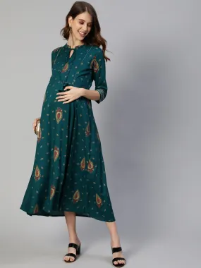 Anubhutee Green Ethnic Motifs Tie-Up Neck Maternity A-Line Midi Dress