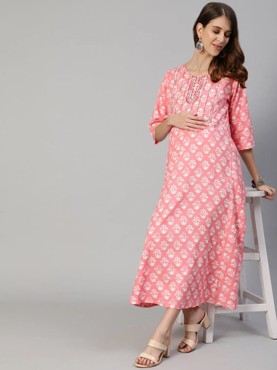 Anubhutee Pink Floral Printed Maternity A-Line Midi Dress