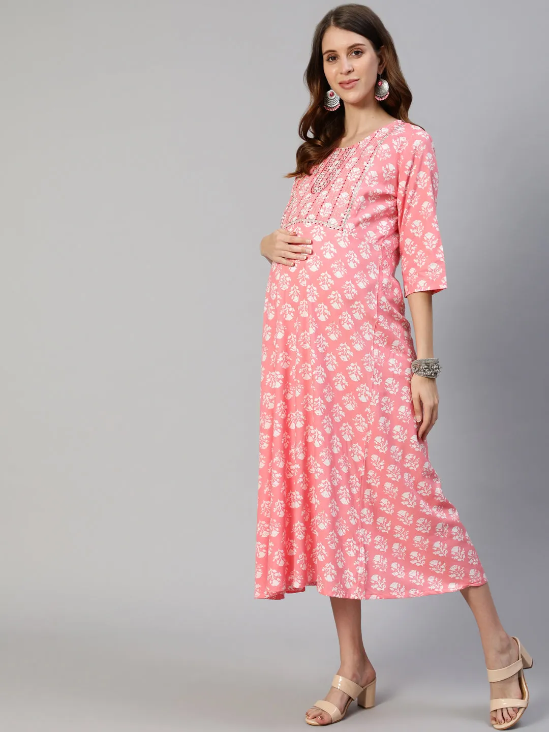 Anubhutee Pink Floral Printed Maternity A-Line Midi Dress