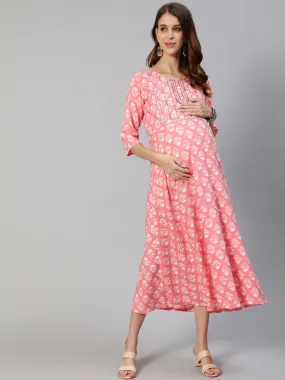 Anubhutee Pink Floral Printed Maternity A-Line Midi Dress