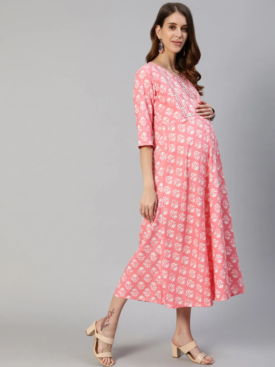 Anubhutee Pink Floral Printed Maternity A-Line Midi Dress