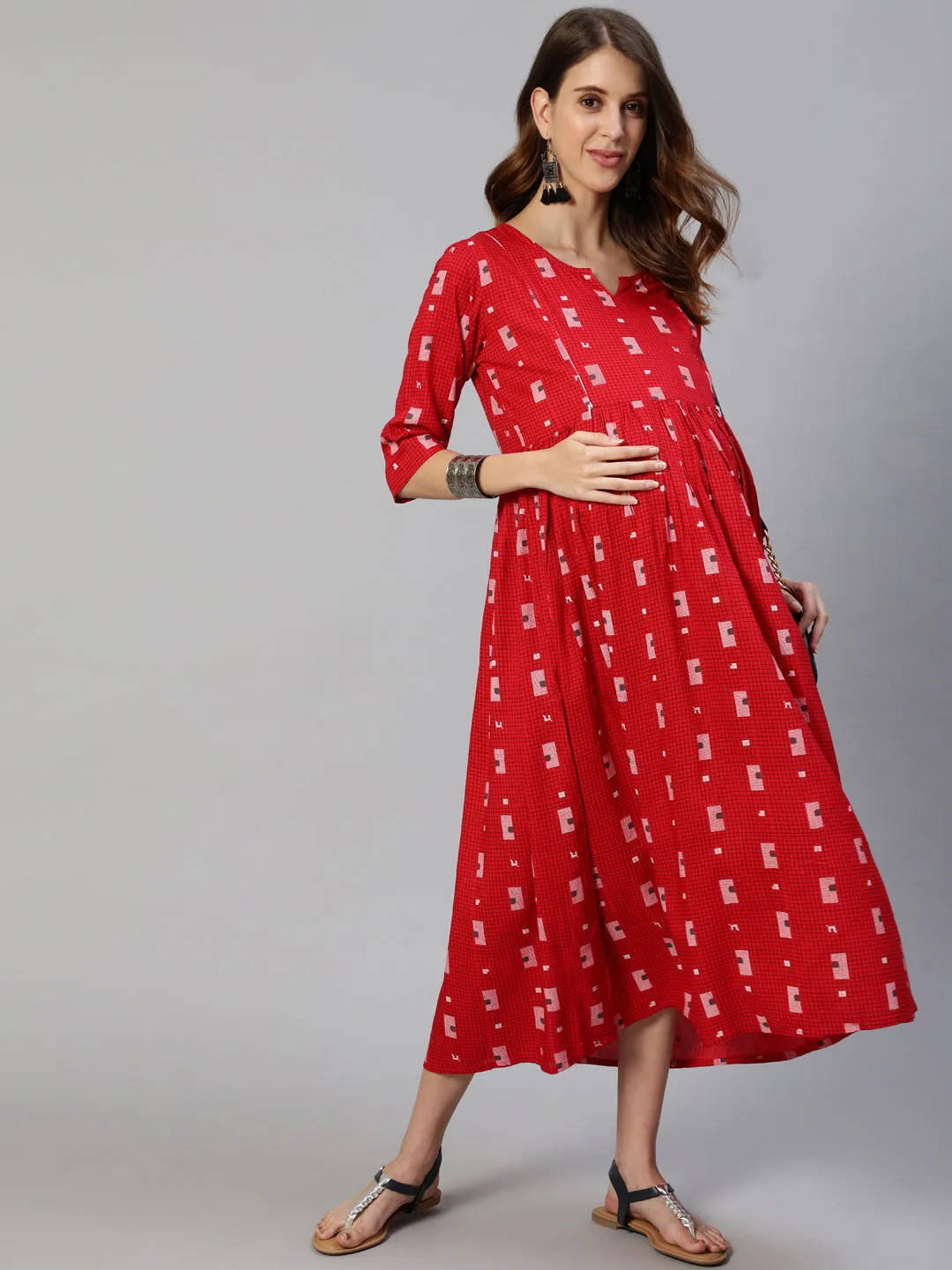 Anubhutee Red Geometric Printed Maternity Fit  Flare Midi Dress