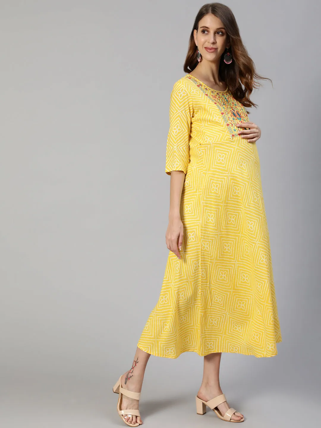 Anubhutee Yellow Ethnic Motifs Maternity A-Line Midi Dress