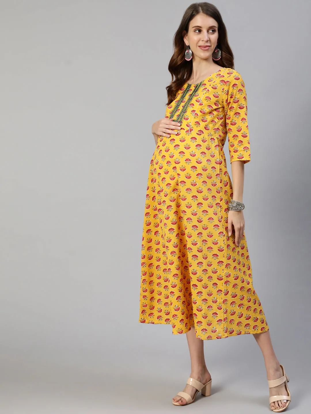 Anubhutee Yellow Floral Printed Maternity A-Line Midi Dress